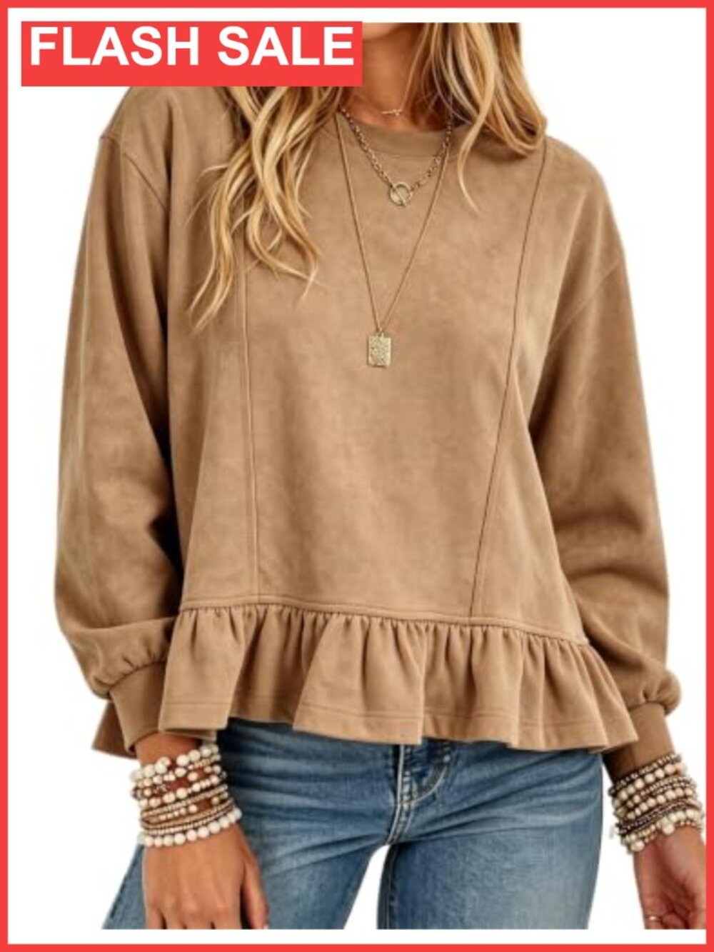 Faux Suede Ruffle Peplum Long Sleeve Sweatshirt Pullover Top